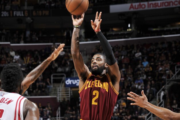 CLEVELAND, OH - NOVEMBER 1: Kyrie Irving #2 of the Cleveland Cavaliers shoots the ball against the Houston Rockets on November 1, 2016 at Quicken Loans Arena in Cleveland, Ohio.  NOTE TO USER: User expressly acknowledges and agrees that, by downloading and or using this Photograph, user is consenting to the terms and conditions of the Getty Images License Agreement. Mandatory Copyright Notice: Copyright 2016 NBAE (Photo by David Liam Kyle/NBAE via Getty Images)