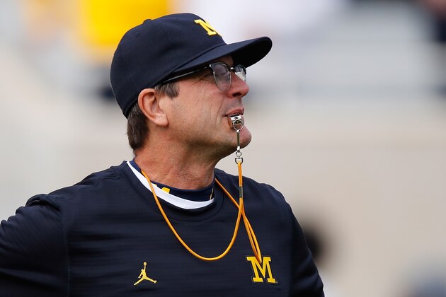 EAST LANSING, MI - OCTOBER 29: Head coach Jim Harbaugh of the Michigan Wolverines looks on during warm ups prior to playing the Michigan State Spartans at Spartan Stadium on October 29, 2016 in East Lansing, Michigan. (Photo by Gregory Shamus/Getty Images)