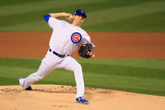 CHICAGO, IL - OCTOBER 28:  Kyle Hendricks #28 of the Chicago Cubs pitches in the first inning against the Cleveland Indians in Game Three of the 2016 World Series at Wrigley Field on October 28, 2016 in Chicago, Illinois.  (Photo by Tannen Maury - Pool/Getty Images)