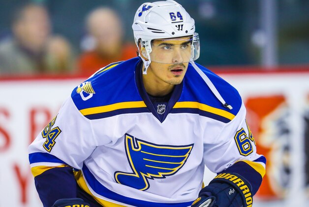 Oct 22, 2016; Calgary, Alberta, CAN; St. Louis Blues right wing Nail Yakupov (64) skates during the warmup period against Calgary Flames at Scotiabank Saddledome. Mandatory Credit: Sergei Belski-USA TODAY Sports