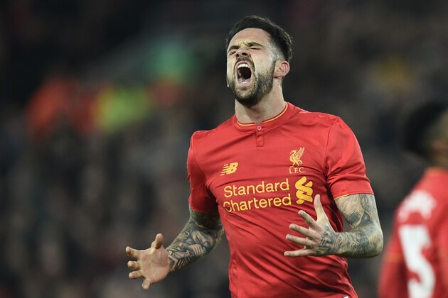 Liverpool's English striker Danny Ings reacts to missing a chance during the EFL (English Football League) Cup fourth round match between Liverpool and Tottenham Hotspur at Anfield in Liverpool north west England on October 25, 2016. / AFP / Oli SCARFF / RESTRICTED TO EDITORIAL USE. No use with unauthorized audio, video, data, fixture lists, club/league logos or 'live' services. Online in-match use limited to 75 images, no video emulation. No use in betting, games or single club/league/player publications.  /         (Photo credit should read OLI SCARFF/AFP/Getty Images)