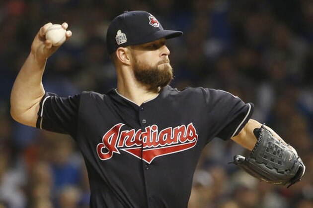 Cleveland Indians starting pitcher Corey Kluber throws during the first inning of Game 4 of the Major League Baseball World Series against the Chicago Cubs, Saturday, Oct. 29, 2016, in Chicago. (AP Photo/Nam Y. Huh)