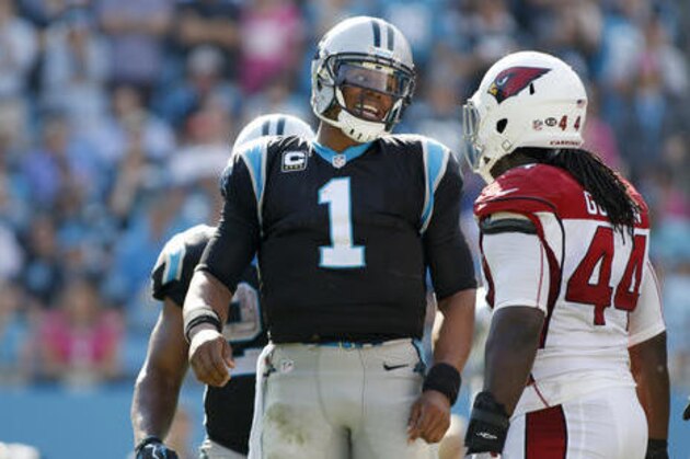Carolina Panthers' Cam Newton (1) stands up to Arizona Cardinals' Markus Golden (44) during the second half of an NFL football game in Charlotte, N.C., Sunday, Oct. 30, 2016. The Panthers won 30-20. (AP Photo/Bob Leverone)