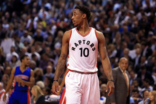 TORONTO, ON - OCTOBER 26:  DeMar DeRozan #10 of the Toronto Raptors during an NBA game against the Detroit Pistons at Air Canada Centre on October 26, 2016 in Toronto, Canada.  NOTE TO USER: User expressly acknowledges and agrees that, by downloading and or using this photograph, User is consenting to the terms and conditions of the Getty Images License Agreement.  (Photo by Vaughn Ridley/Getty Images)