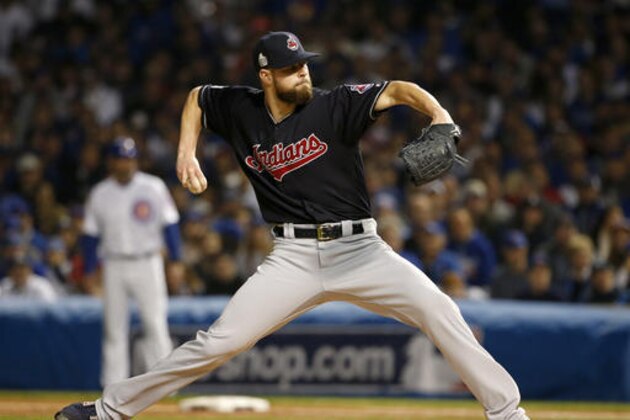 Cleveland Indians starting pitcher Corey Kluber throws during the first inning of Game 4 of the Major League Baseball World Series against the Chicago Cubs, Saturday, Oct. 29, 2016, in Chicago. (AP Photo/Nam Y. Huh)
