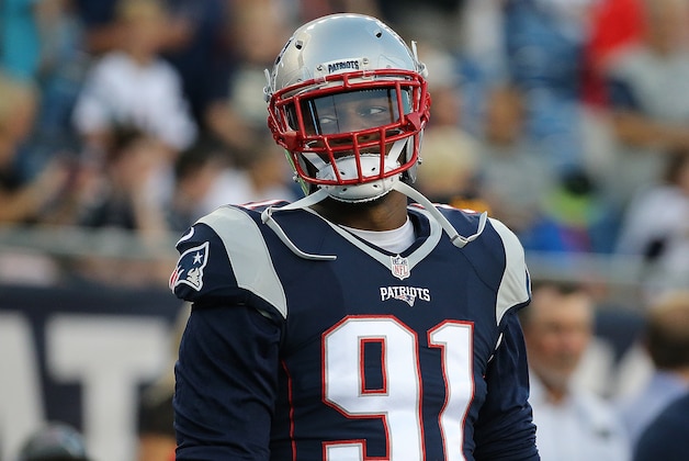 FOXBORO, MA - AUGUST 18: Jamie Collins #91 of the New England Patriots walks onto the field before a preseason game with the Chicago Bears in the first quarter at Gillette Stadium on August 18, 2016 in Foxboro, Massachusetts. (Photo by Jim Rogash/Getty Images)