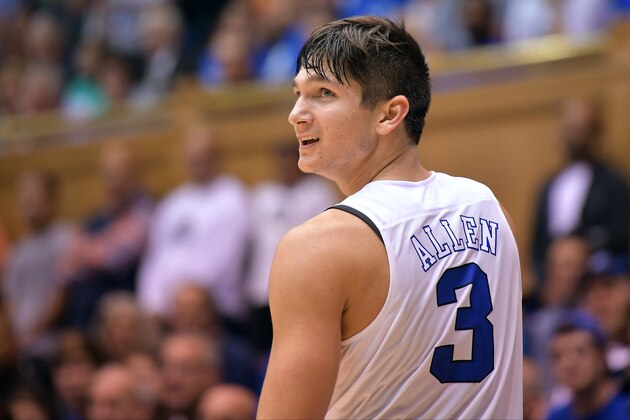 DURHAM, NC - OCTOBER 28: Grayson Allen #3 of the Duke Blue Devils looks on against the Virginia State Trojans at Cameron Indoor Stadium on October 28, 2016 in Durham, North Carolina. (Photo by Lance King/Getty Images)