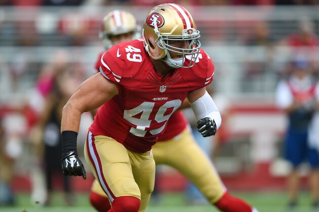 SANTA CLARA, CA - OCTOBER 18:  Bruce Miller #49 of the San Francisco 49ers in action against the Baltimore Ravens during an NFL game at Levi's Stadium on October 18, 2015 in Santa Clara, California.  (Photo by Thearon W. Henderson/Getty Images)