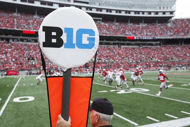 COLUMBUS, OH - OCTOBER 01: General view of the Big Ten logo on a yard marker during the game between the Ohio State Buckeyes and Rutgers Scarlet Knights at Ohio Stadium on October 1, 2016 in Columbus, Ohio. The Buckeyes defeated the Scarlet Knights 58-0. (Photo by Joe Robbins/Getty Images) *** Local Caption ***