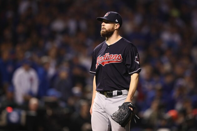 CHICAGO, IL - OCTOBER 29:  Corey Kluber #28 of the Cleveland Indians walks off the mound after the second inning against the Chicago Cubs in Game Four of the 2016 World Series at Wrigley Field on October 29, 2016 in Chicago, Illinois.  (Photo by Ezra Shaw/Getty Images)
