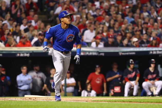 CLEVELAND, OH - NOVEMBER 01:  Addison Russell #27 of the Chicago Cubs runs after hitting a two-run RBI double during the first inning against the Cleveland Indians in Game Six of the 2016 World Series at Progressive Field on November 1, 2016 in Cleveland, Ohio.  (Photo by Tim Bradbury/Getty Images)