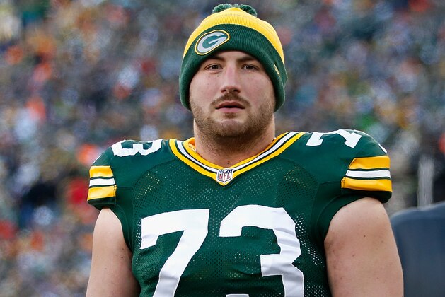GREEN BAY, WI - NOVEMBER 30:  Tackle JC Tretter #73 of the Green Bay Packers on the sidelines during the NFL game against the New England Patriots at Lambeau Field on November 30, 2014 in Green Bay, Wisconsin. The Packers defeated the Patriots 26-21. (Photo by Christian Petersen/Getty Images)