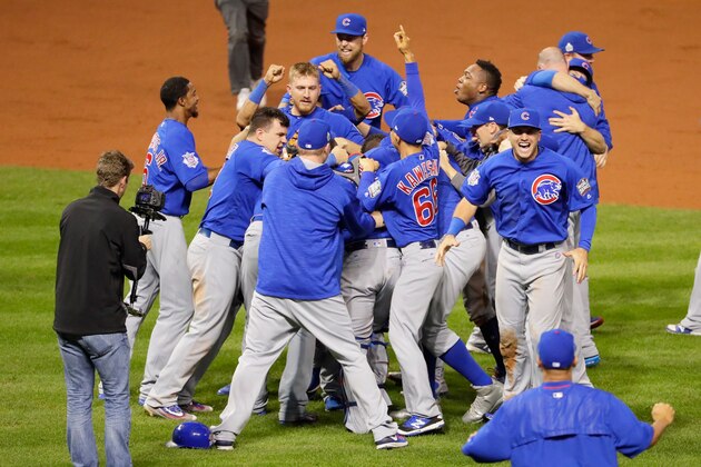 CLEVELAND, OH - NOVEMBER 02:  The Chicago Cubs celebrate after defeating the Cleveland Indians 8-7 in Game Seven of the 2016 World Series at Progressive Field on November 2, 2016 in Cleveland, Ohio. The Cubs win their first World Series in 108 years.  (Photo by Jamie Squire/Getty Images)