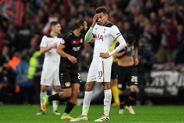 LONDON, ENGLAND - NOVEMBER 02:  Dele Alli of Tottenham Hotspur reacts after Bayer Leverkusen score their first goal during the UEFA Champions League Group E match between Tottenham Hotspur FC and Bayer 04 Leverkusen at Wembley Stadium on November 2, 2016 in London, England.  (Photo by Shaun Botterill/Getty Images)