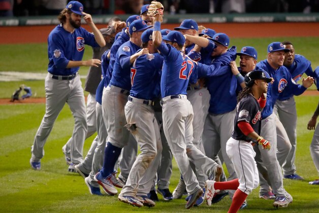 CLEVELAND, OH - NOVEMBER 02:  The Chicago Cubs celebrate after defeating the Cleveland Indians 8-7 in Game Seven of the 2016 World Series at Progressive Field on November 2, 2016 in Cleveland, Ohio. The Cubs win their first World Series in 108 years.  (Photo by Gregory Shamus/Getty Images)