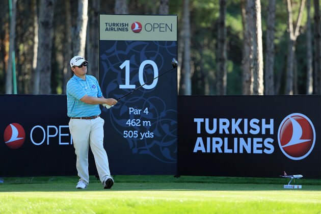 ANTALYA, TURKEY - NOVEMBER 03:  George Coetzee of South Africa tees off on the 10th hole during day one of the Turkish Airlines Open at the Regnum Carya Golf & Spa Resort on November 3, 2016 in Antalya, Turkey.  (Photo by Richard Heathcote/Getty Images)