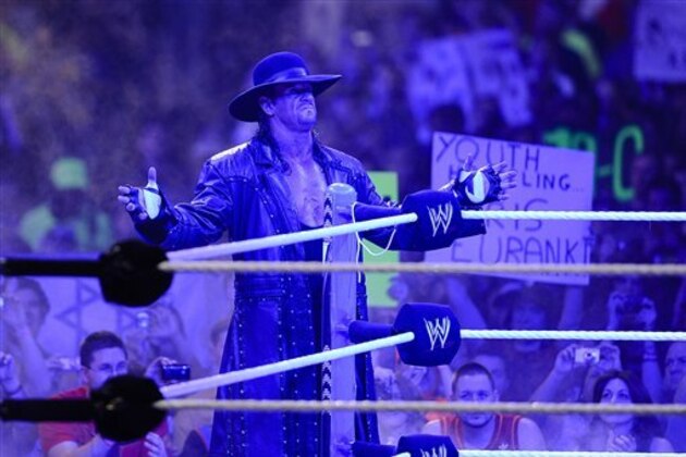WWE Superstar Undertaker during WrestleMania XXVII at the Georgia Dome in Atlanta, Georgia on Sunday, April 3, 2011. (Paul Abell/AP Images for WWE Corp.)