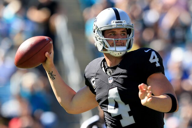 JACKSONVILLE, FL - OCTOBER 23:   Derek Carr #4 of the Oakland Raiders attempts a pass against the Jacksonville Jaguars during the game at EverBank Field on October 23, 2016 in Jacksonville, Florida.  (Photo by Rob Foldy/Getty Images)