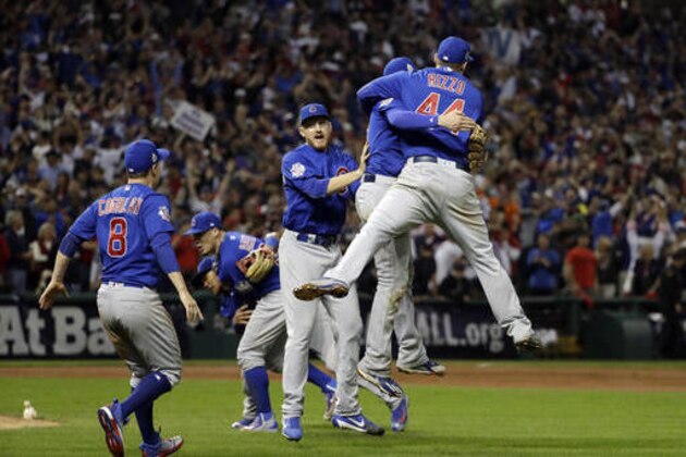 The Chicago Cubs celebrate after Game 7 of the Major League Baseball World Series against the Cleveland Indians Thursday, Nov. 3, 2016, in Cleveland. The Cubs won 8-7 in 10 innings to win the series 4-3. (AP Photo/David J. Phillip)