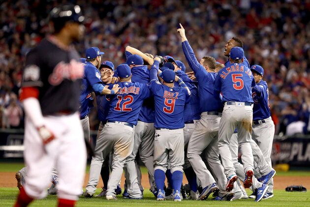 CLEVELAND, OH - NOVEMBER 02:  The Chicago Cubs celebrate after defeating the Cleveland Indians 8-7 in Game Seven of the 2016 World Series at Progressive Field on November 2, 2016 in Cleveland, Ohio. The Cubs win their first World Series in 108 years.  (Photo by Elsa/Getty Images)