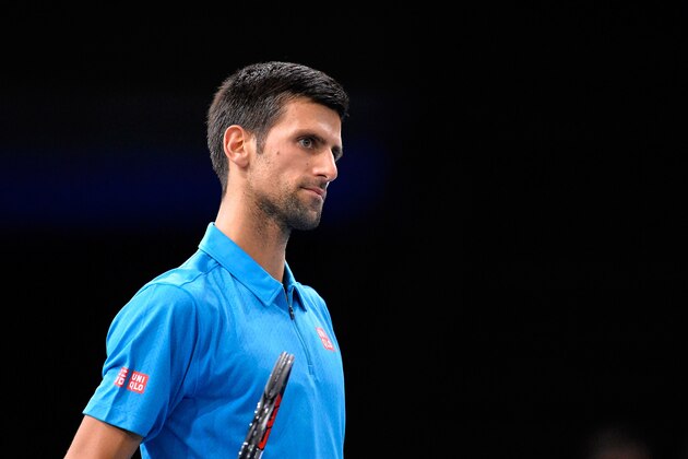 PARIS, FRANCE - NOVEMBER 03:  Novak Djokovic of Serbia reacts during the Men's second round match against Grigor Dimitrov of Bulgria on day three of the BNP Paribas Masters at Palais Omnisports de Bercy on November 3, 2016 in Paris, France.  (Photo by Aurelien Meunier/Getty Images)