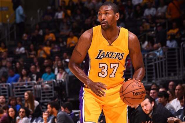 LOS ANGELES, CA - OCTOBER 7: Metta World Peace #37 of the Los Angeles Lakers handles the ball against the Denver Nuggets during a preseason game on October 7, 2016 at STAPLES Center in Los Angeles, California. NOTE TO USER: User expressly acknowledges and agrees that, by downloading and/or using this Photograph, user is consenting to the terms and conditions of the Getty Images License Agreement. Mandatory Copyright Notice: Copyright 2016 NBAE (Photo by Juan Ocampo/NBAE via Getty Images)