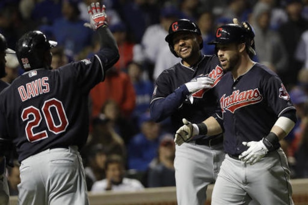 Cleveland Indians' Jason Kipnis celebrates after hitting a three-run home run during the seventh inning of Game 4 of the Major League Baseball World Series against the Chicago Cubs Saturday, Oct. 29, 2016, in Chicago. (AP Photo/David J. Phillip)