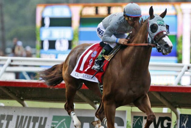 FILE - In this Aug. 20, 2016, file photo, California Chrome flies down the stretch on the way to winning the Pacific Classic horse race at Del Mar Thoroughbred Club in Del Mar, Calif. California Chrome heads the pre-entries for the $6 million Classic during the Breeders' Cup next month at Santa Anita. (AP Photo/Lenny Ignelzi, File)