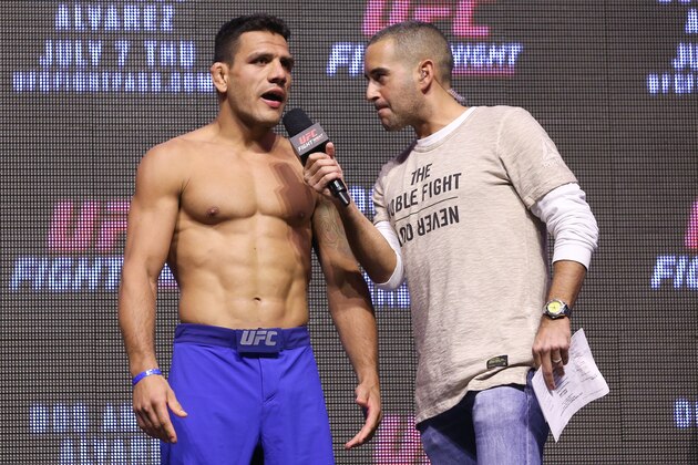LAS VEGAS, NV - JULY 06: (L-R) UFC lightweight champion Rafael dos Anjos speaks with UFC's Jon Anik during the UFC Fight Night Weigh-in event at the T-Mobile Arena on July 6, 2016 in Las Vegas, Nevada. (Photo by Ed Mulholland/Zuffa LLC/Zuffa LLC via Getty Images)
