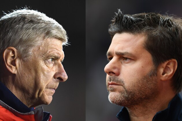 FILE PHOTO - (EDITORS NOTE: COMPOSITE OF TWO IMAGES - Image numbers (L) 609115656 and 602278616) In this composite image a comparision has been made between Arsene Wenger, Manager of Arsenal (L) and Mauricio Pochettino, Manager of Tottenham Hotspur. Arsenal and Tottenham Hotspur meet in the Premier League at the Emirates Stadium on November 6, 2016 in London. ***LEFT IMAGE*** NOTTINGHAM, ENGLAND - SEPTEMBER 20: Arsene Wenger, Manager of Arsenal looks on during the EFL Cup Third Round match between Nottingham Forest and Arsenal at City Ground on September 20, 2016 in Nottingham, England. (Photo by Laurence Griffiths/Getty Images) ***RIGHT IMAGE*** STOKE ON TRENT, ENGLAND - SEPTEMBER 10: Mauricio Pochettino of Tottenham Hotspur looks on during the Premier League match between Stoke City and Tottenham Hotspur at Britannia Stadium on September 10, 2016 in Stoke on Trent, England. (Photo by Laurence Griffiths/Getty Images)