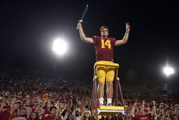 Oct 1, 2016; Los Angeles, CA, USA; Southern California Trojans quarterback Sam Darnold (14) celebrates with the student section after the game against the Arizona State Sun Devils at Los Angeles Memorial Coliseum. The Southern California Trojans won 41-20. Mandatory Credit: Kelvin Kuo-USA TODAY Sports