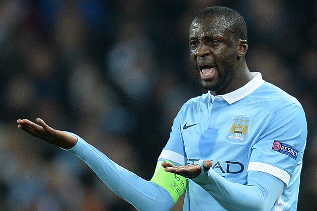 Manchester City's Ivorian midfielder and captain Yaya Toure gestures to Manchester City's English goalkeeper Joe Hart (unseen) as Manchester City's Argentinian defender Nicolas Otamendi (unseen) leaves the pitch injured
during a UEFA Champions League last 16, second leg football match between Manchester City and Dynamo Kiev at the Etihad Stadium in Manchester, north west England, on March 15, 2016. / AFP / OLI SCARFF        (Photo credit should read OLI SCARFF/AFP/Getty Images)