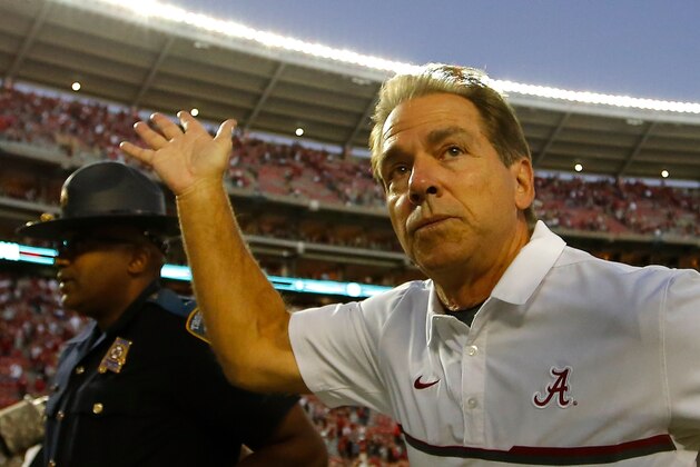 TUSCALOOSA, AL - OCTOBER 22:  Head coach Nick Saban of the Alabama Crimson Tide reacts after their 33-14 win over the Texas A