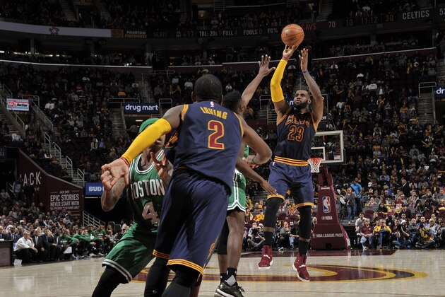 CLEVELAND, OH - NOVEMBER 3:  LeBron James #23 of the Cleveland Cavaliers shoots the ball against the Boston Celtics on November 3, 2016 at Quicken Loans Arena in Cleveland, Ohio. NOTE TO USER: User expressly acknowledges and agrees that, by downloading and/or using this Photograph, user is consenting to the terms and conditions of the Getty Images License Agreement. Mandatory Copyright Notice: Copyright 2016 NBAE  (Photo by David Liam Kyle/NBAE via Getty Images)