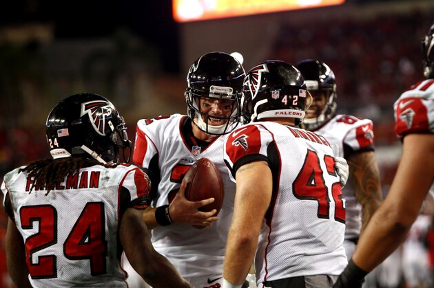 TAMPA, FL - NOVEMBER 3:  Fullback Patrick DiMarco #42 of the Atlanta Falcons celebrates his touchdown with quarterback Matt Ryan #2 and running back Devonta Freeman #24 during the third quarter of an NFL game against the Tampa Bay Buccaneers on November 3, 2016 at Raymond James Stadium in Tampa, Florida. (Photo by Brian Blanco/Getty Images)