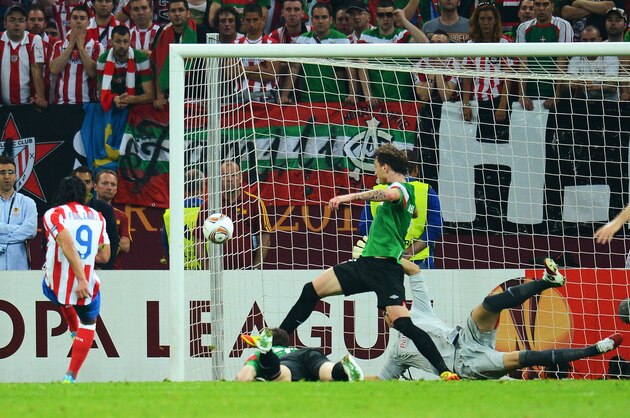 BUCHAREST, ROMANIA - MAY 09:  Radamel Falcao of Atletico Madrid scores his team's second goal during the UEFA Europa League Final between Atletico Madrid and Athletic Bilbao at the National Arena on May 9, 2012 in Bucharest, Romania.  (Photo by Shaun Botterill/Getty Images)