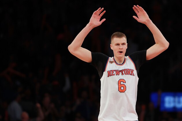 NEW YORK, NY - OCTOBER 29:  Kristaps Porzingis #6 of the New York Knicks reacts after hitting a three pointer against the Memphis Grizzlies during the second half at Madison Square Garden on October 29, 2016 in New York City. NOTE TO USER: User expressly acknowledges and agrees that, by downloading and or using this photograph, User is consenting to the terms and conditions of the Getty Images License Agreement.  (Photo by Michael Reaves/Getty Images)