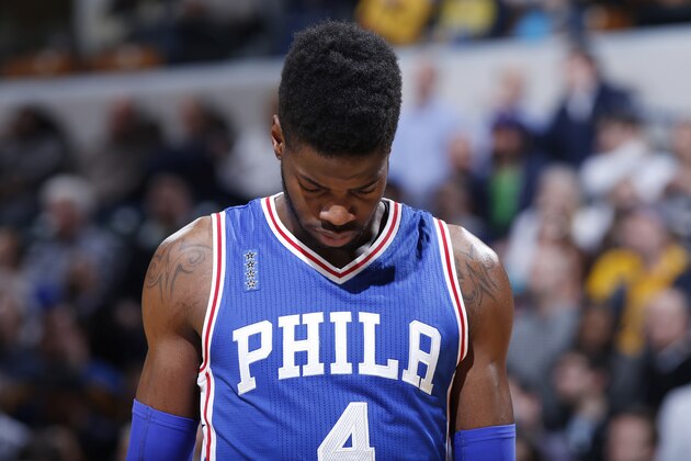 INDIANAPOLIS, IN - MARCH 21: Nerlens Noel #4 of the Philadelphia 76ers reacts against the Indiana Pacers during a game at Bankers Life Fieldhouse on March 21, 2016 in Indianapolis, Indiana. The Pacers defeated the 76ers 91-75. NOTE TO USER: User expressly acknowledges and agrees that, by downloading and or using the photograph, User is consenting to the terms and conditions of the Getty Images License Agreement. (Photo by Joe Robbins/Getty Images)