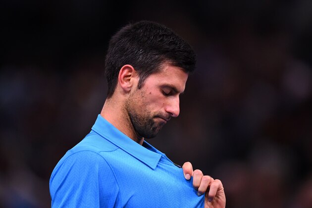 Serbia's Novak Djokovic reacts during his quarter-final tennis match against Croatia's Marin Cilic at the ATP World Tour Masters 1000 indoor tournament in Paris on November 4, 2016. / AFP / FRANCK FIFE        (Photo credit should read FRANCK FIFE/AFP/Getty Images)