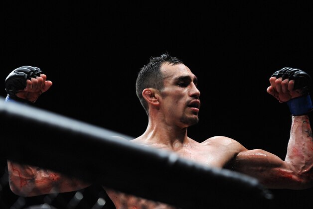 December 11, 2015; Las Vegas, NV, USA; Tony Ferguson reacts to his victory by submission against Edson Barboza during The Ultimate Fighter Finale at The Chelsea at The Cosmopolitan. Mandatory Credit: Gary A. Vasquez-USA TODAY Sports