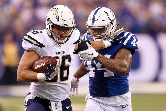 INDIANAPOLIS, IN - SEPTEMBER 25:  Hunter Henry #86 of the San Diego Chargers is pursued by Antonio Morrison #44 of the Indianapolis Colts during the first half of a game at Lucas Oil Stadium on September 25, 2016 in Indianapolis, Indiana.  (Photo by Stacy Revere/Getty Images)