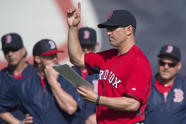 FT. MYERS, FL - MARCH 4:  Bench Coach Torey Lovullo #17 of the Boston Red Sox addresses the team before a workout at jetBlue Park in Fort Myers, Florida on March 4, 2015. (Photo by Michael Ivins/Boston Red Sox/Getty Images)