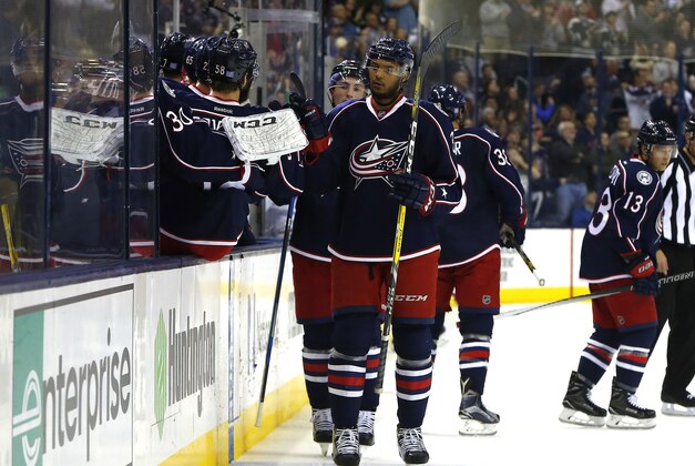 Nov 4, 2016; Columbus, OH, USA; Columbus Blue Jackets defenseman Seth Jones (3) celebrates a goal against the Montreal Canadiens during the first period at Nationwide Arena. Mandatory Credit: Russell LaBounty-USA TODAY Sports