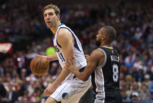 Apr 13, 2016; Dallas, TX, USA; San Antonio Spurs guard Patty Mills (8) guards Dallas Mavericks forward Dirk Nowitzki (41) during the first half at the American Airlines Center. Mandatory Credit: Jerome Miron-USA TODAY Sports