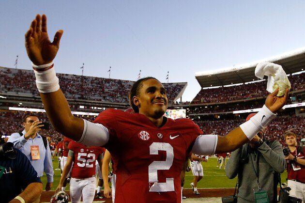 TUSCALOOSA, AL - OCTOBER 22:  Jalen Hurts #2 of the Alabama Crimson Tide reacts after their 33-14 win over the Texas A&M Aggies at Bryant-Denny Stadium on October 22, 2016 in Tuscaloosa, Alabama.  (Photo by Kevin C. Cox/Getty Images)