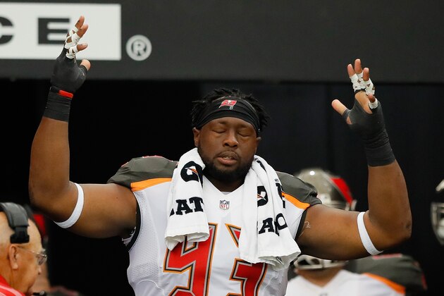 ATLANTA, GA - SEPTEMBER 11:  Gerald McCoy #93 of the Tampa Bay Buccaneers reacts prior to entering the field to face the Atlanta Falcons at Georgia Dome on September 11, 2016 in Atlanta, Georgia.  (Photo by Kevin C. Cox/Getty Images)