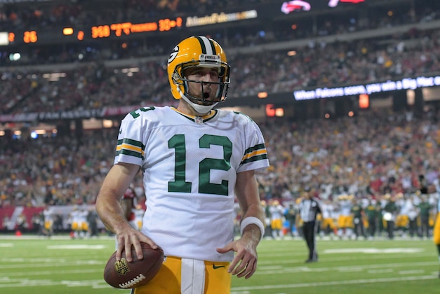 Oct 30, 2016; Atlanta, GA, USA; Green Bay Packers quarterback Aaron Rodgers (12) reacts after scoring a two point conversion against the Atlanta Falcons during the fourth quarter at the Georgia Dome. The Falcons defeated the Packers 33-32. Mandatory Credit: Dale Zanine-USA TODAY Sports