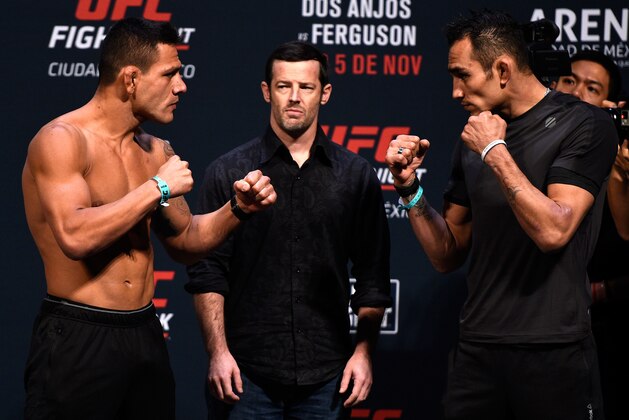 MEXICO CITY, MEXICO - NOVEMBER 04:  (L-R) Rafael dos Anjos of Brazil and Tony Ferguson of the United States face off during the UFC weigh-in at the Arena Ciudad de Mexico on November 4, 2016 in Mexico City, Mexico. (Photo by Jeff Bottari/Zuffa LLC/Zuffa LLC via Getty Images)