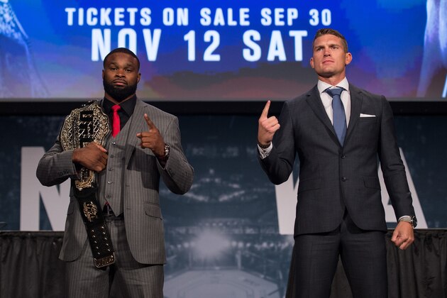 NEW YORK, NY - SEPTEMBER 27: (L-R) UFC welterweight champion Tyron Woodley and Stephen Thompson pose for a picture during the UFC 205 press event at Madison Square Garden on September 27, 2016 in New York City. (Photo by Brandon Magnus/Zuffa LLC/Zuffa LLC via Getty Images)