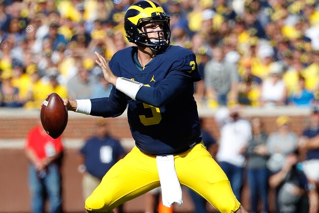 ANN ARBOR, MI - SEPTEMBER 24: Wilton Speight #3 of the Michigan Wolverines drops back to pass during the third quarter of the game against the Penn State Nittany Lions at Michigan Stadium on September 24, 2016 in Ann Arbor, Michigan. Michigan defeated the Penn State 49-10. (Photo by Leon Halip/Getty Images)